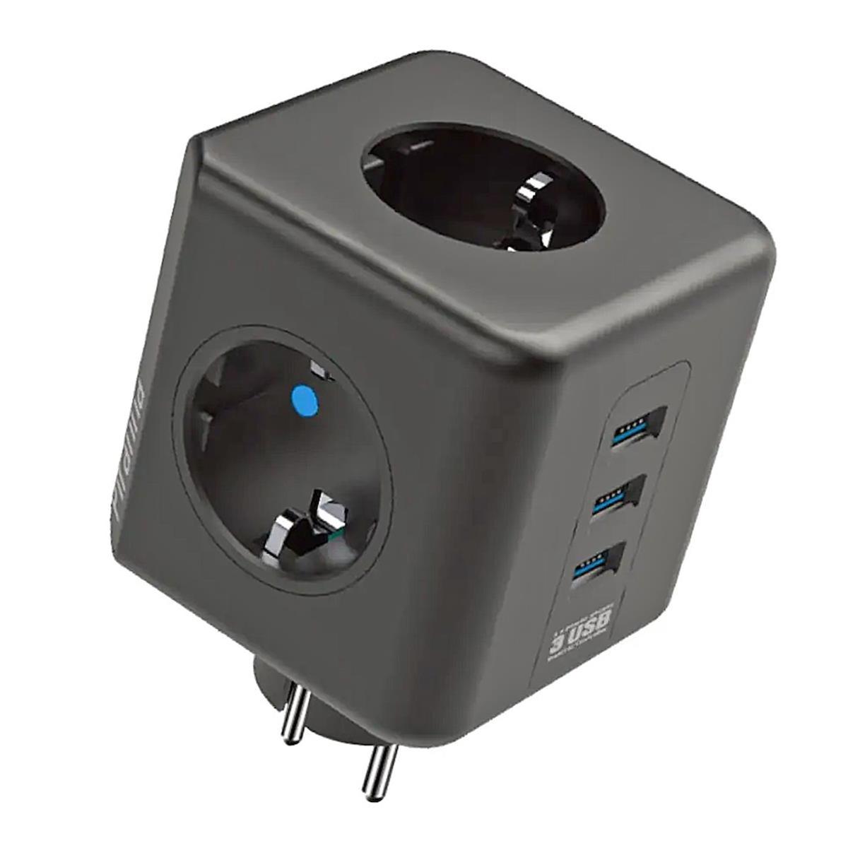 Fulltech Hrd-010164 Çerçeveli USB Girişli Topraklı Sıva Üstü Üçlü Priz Siyah