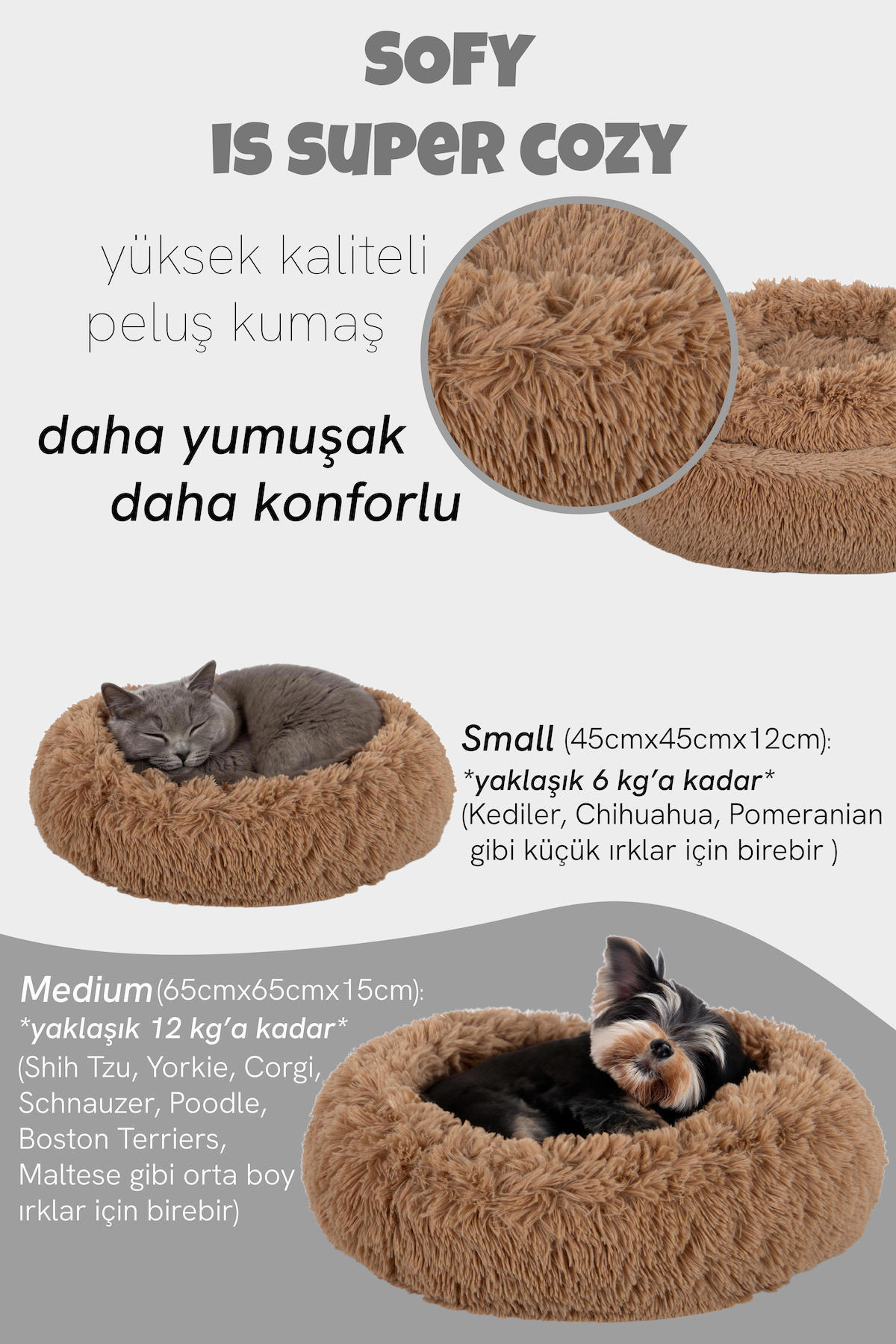 Jungo Pets Sofy Orta Irk İç Mekan Köpek Yatağı Açık Kahverengi
