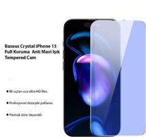 Eldenör Baseus Crystal iPhone 15 Full Koruma Anti Mavi Işık Tempered Cam Ekran Koruyucu 2 Adet Set-(5775)