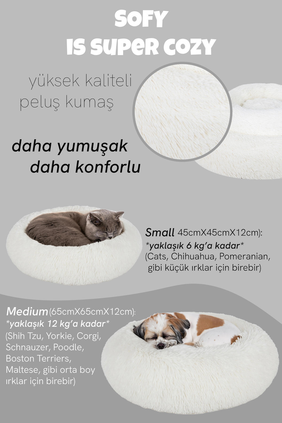 Jungo Pets Sofy Orta Irk İç Mekan Köpek Yatağı Beyaz