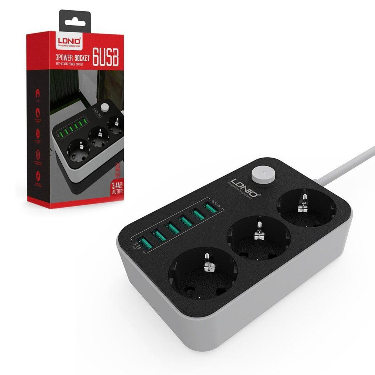 LDNIO SE-3631 3'lü Soket 2 metre 6'lı USB Kablolu Üçlü Akım Korumalı Priz