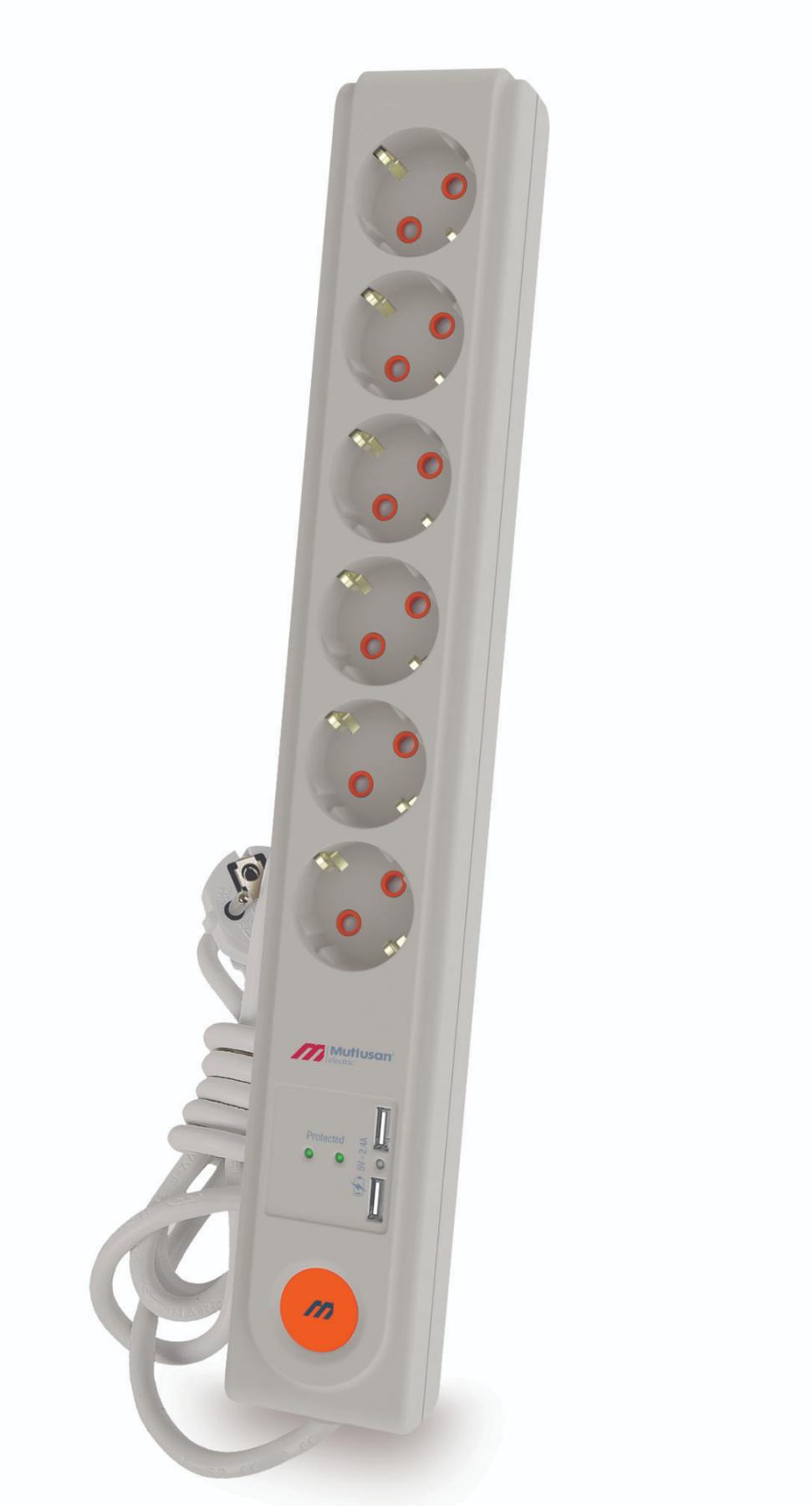 Mutlusan Ri-Tech 6'lı Soket 3 metre 2'li USB Kablolu Altılı Akım Korumalı Priz