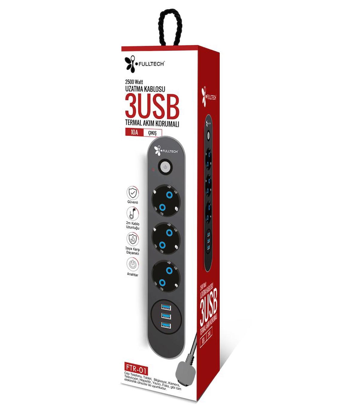 BSSM Tgftr01 3'lü Soket 2 metre 3'lü USB Kablolu Üçlü Akım Korumalı Priz