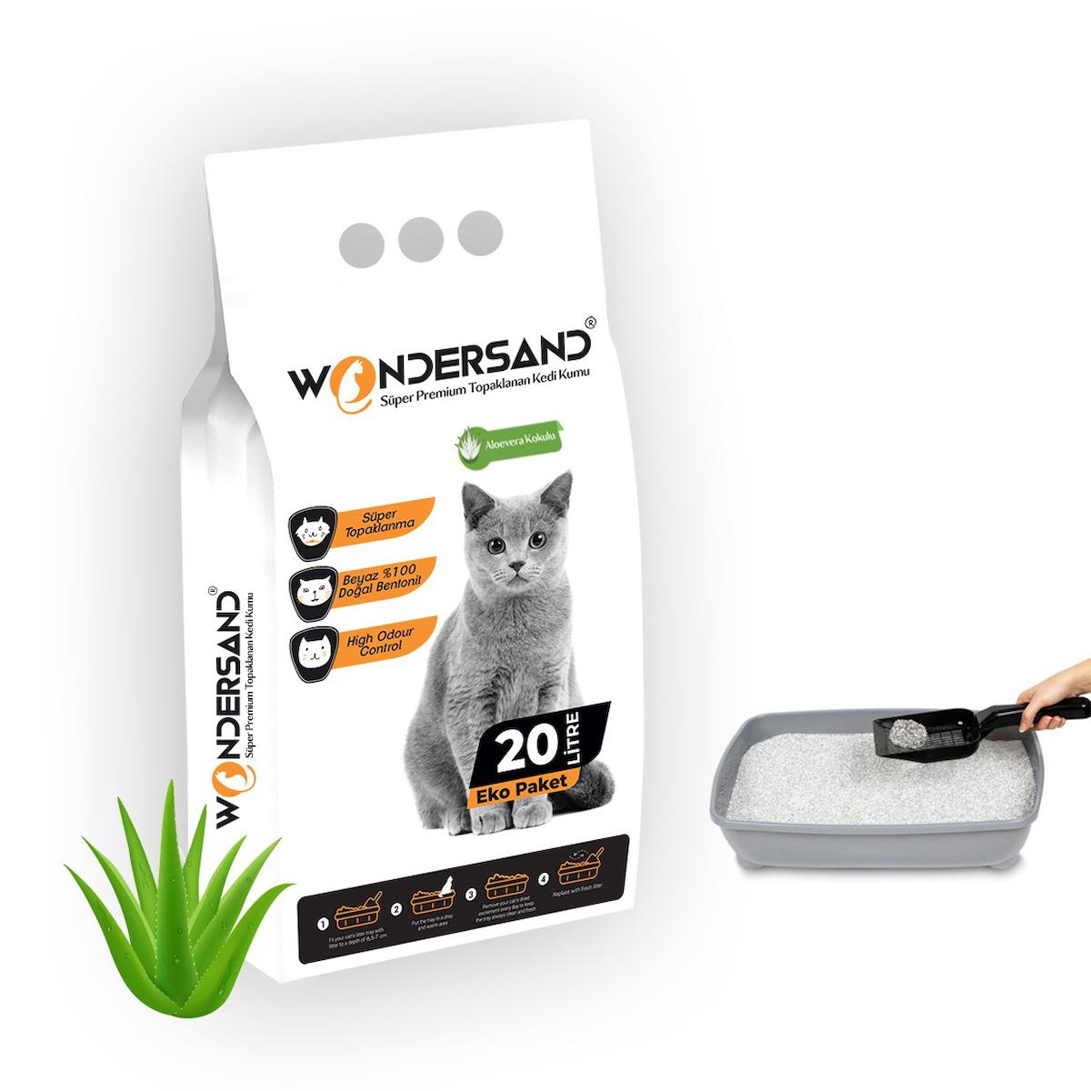 Wonderfull Pet Aloe Vera Kokulu Topaklanan İnce Taneli Bentonit Kedi Kumu 20 lt