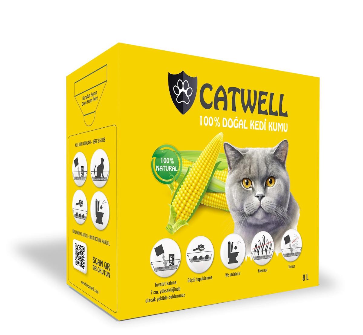 Catwell Kokusuz Topaklanan İnce Taneli Mısır Koçanı Lif Kedi Kumu 8 lt