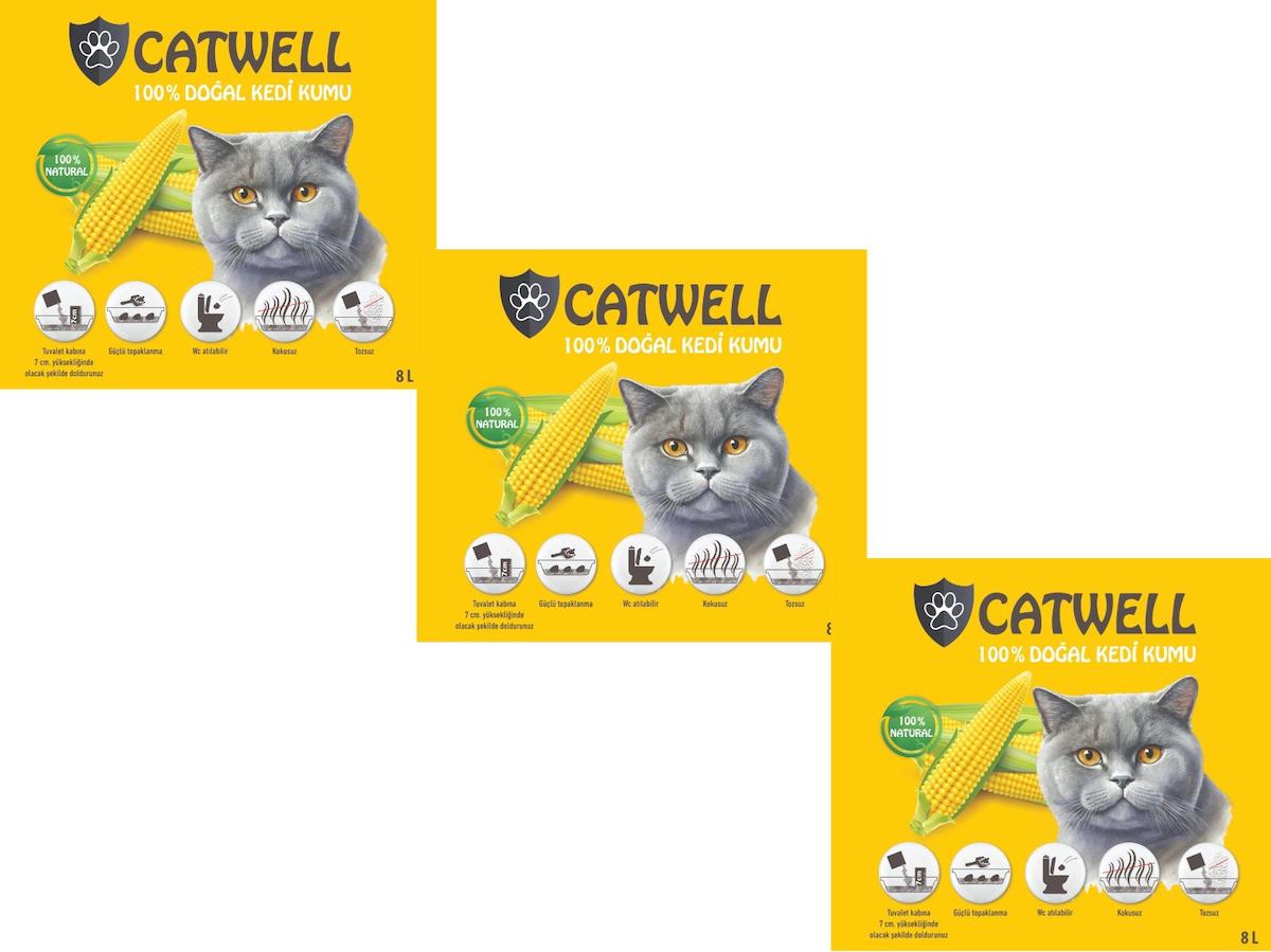 Catwell Kokusuz Topaklanan İnce Taneli Mısır Koçanı Lif Kedi Kumu 3 x 24 lt