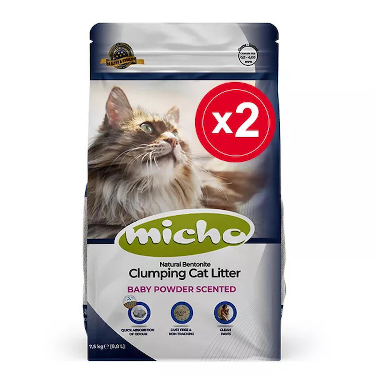 Micho Bebek Pudralı Topaklanan Kalın Taneli Bentonit Kedi Kumu 2 x 7.5 kg