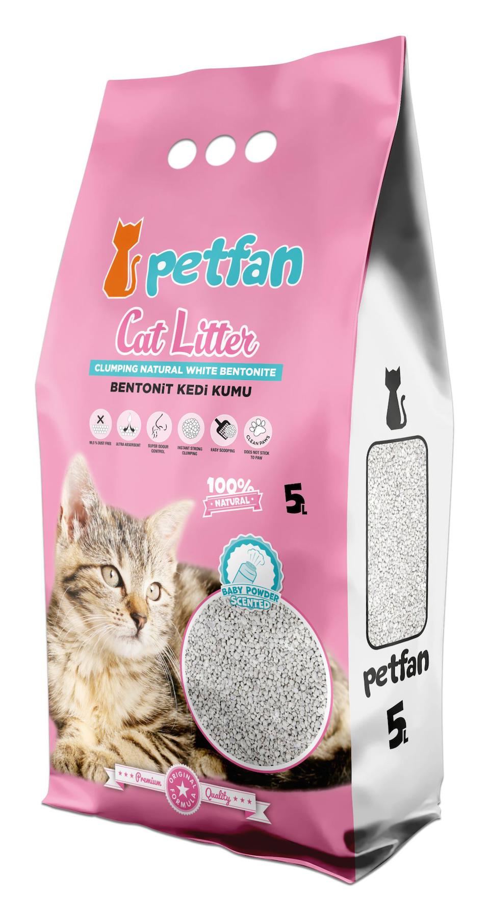 Petfan Bebek Pudralı Topaklanan Bentonit Kedi Kumu 5 lt