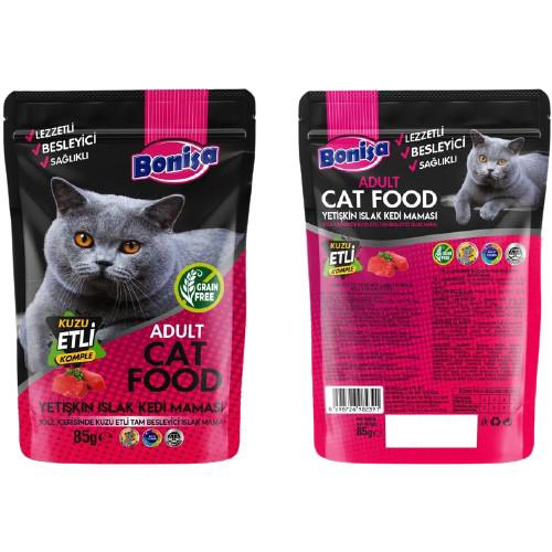 Bonisa Besleyici, Lezzetli, Sağlıklı Kuzu Etli Yetişkin Yaş Kedi Maması 85 gr