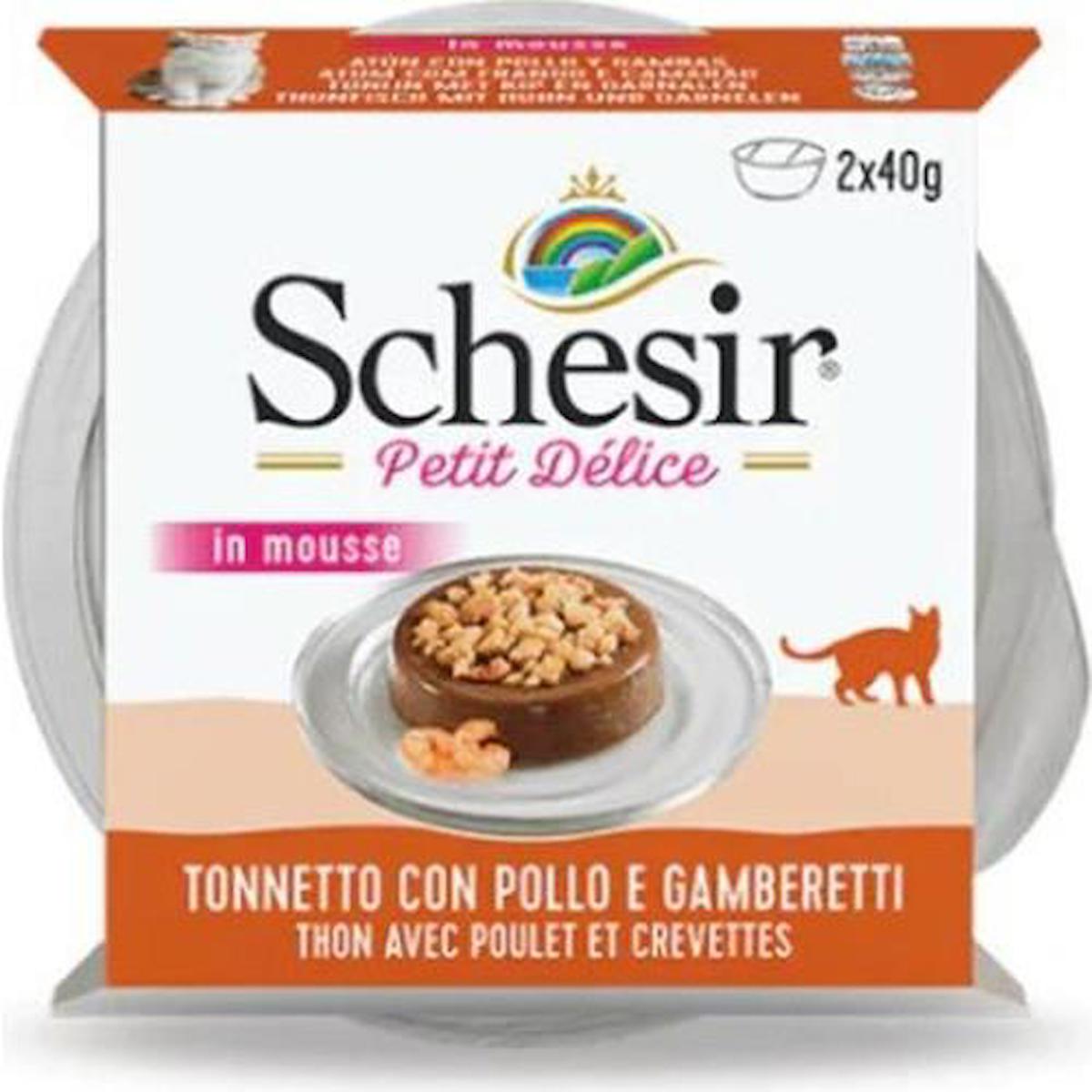 Schesir Petit Delice Karidesli ve Tavuklu Yetişkin Yaş Kedi Maması 2x40 gr
