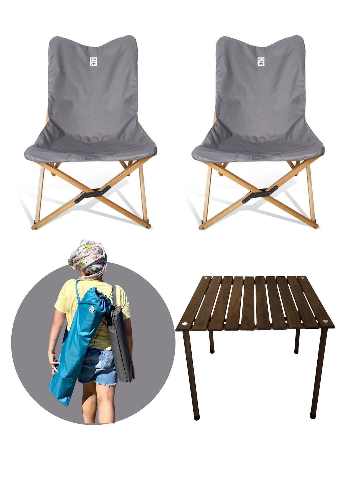 Bag The Joy 60 x 60 cm Tabureli Kare Ahşap Katlanır Kamp Masası Kahverengi + 2 Adet Sandalye Gri