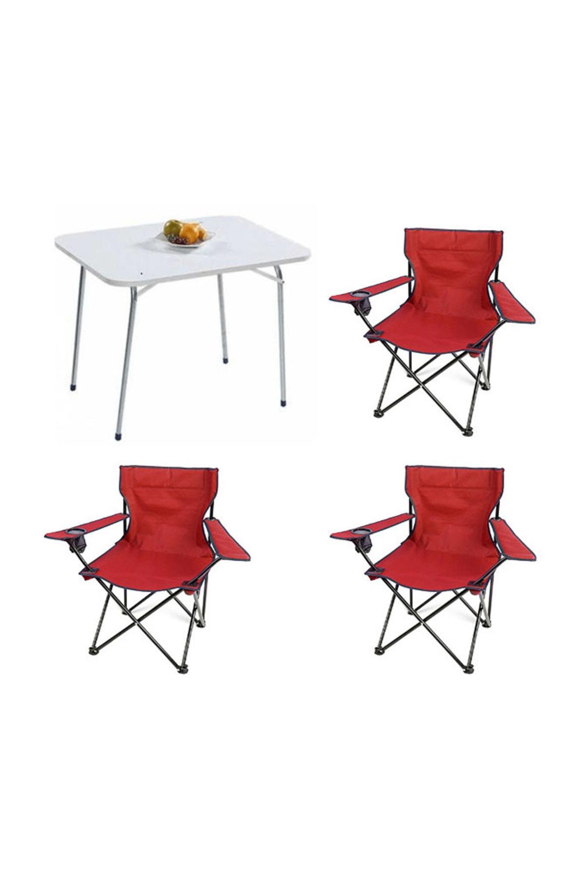 Bofigo 60 x 80 cm Tabureli Çantalı Dikdörtgen Granit Katlanır Kamp Masası Beyaz + 3 Adet Katlanır Sandalye Kırmızı