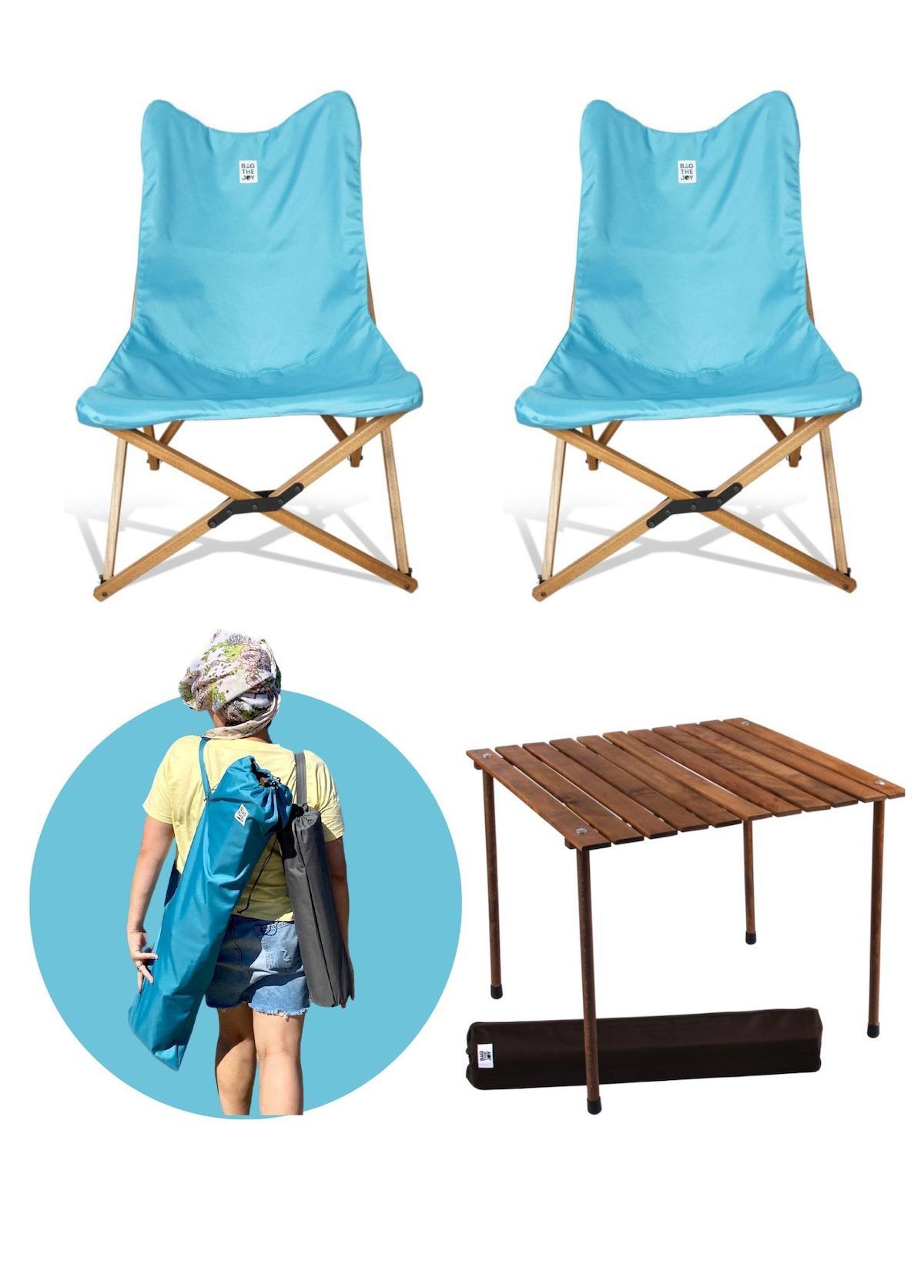 Bag The Joy 70 x 70 cm Tabureli Kare Ahşap Katlanır Kamp Masası Kahverengi + 2 Adet Sandalye Mavi