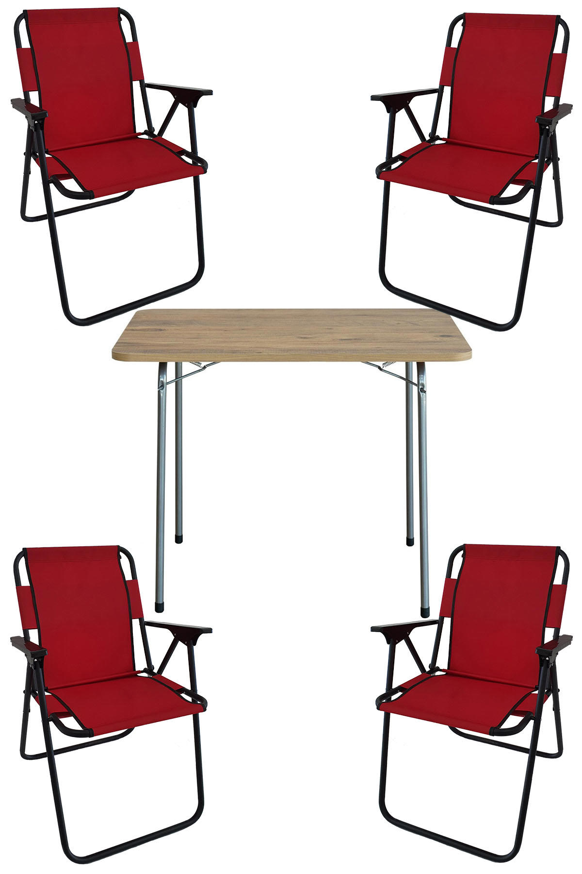 Bofigo 60 x 80 cm Tabureli Çantalı Dikdörtgen Granit Katlanır Kamp Masası Çam + 4 Adet Katlanır Sandalye Kırmızı