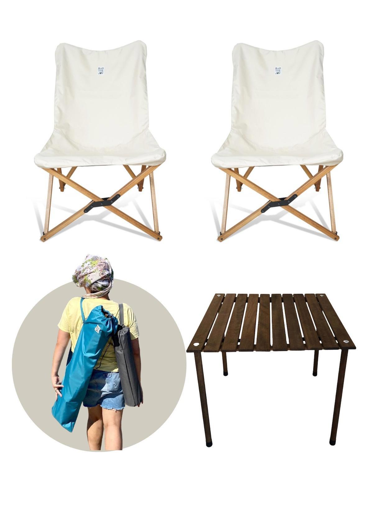 Bag The Joy 60 x 60 cm Tabureli Kare Ahşap Katlanır Kamp Masası Kahverengi + 2 Adet Sandalye Beyaz