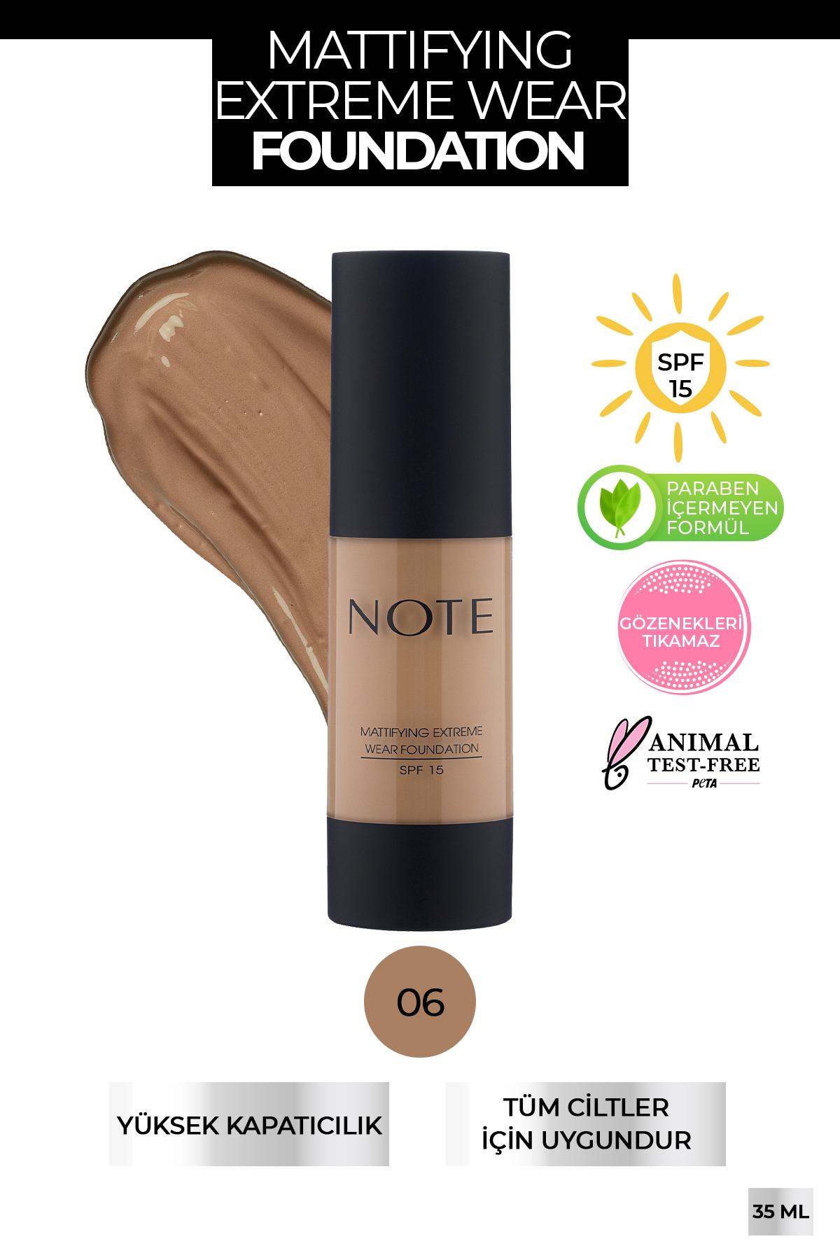 Note Mattifying Extreme Wear 06 Dark Honey Güneş Koruyuculu Likit Tüp Fondöten 35 ml