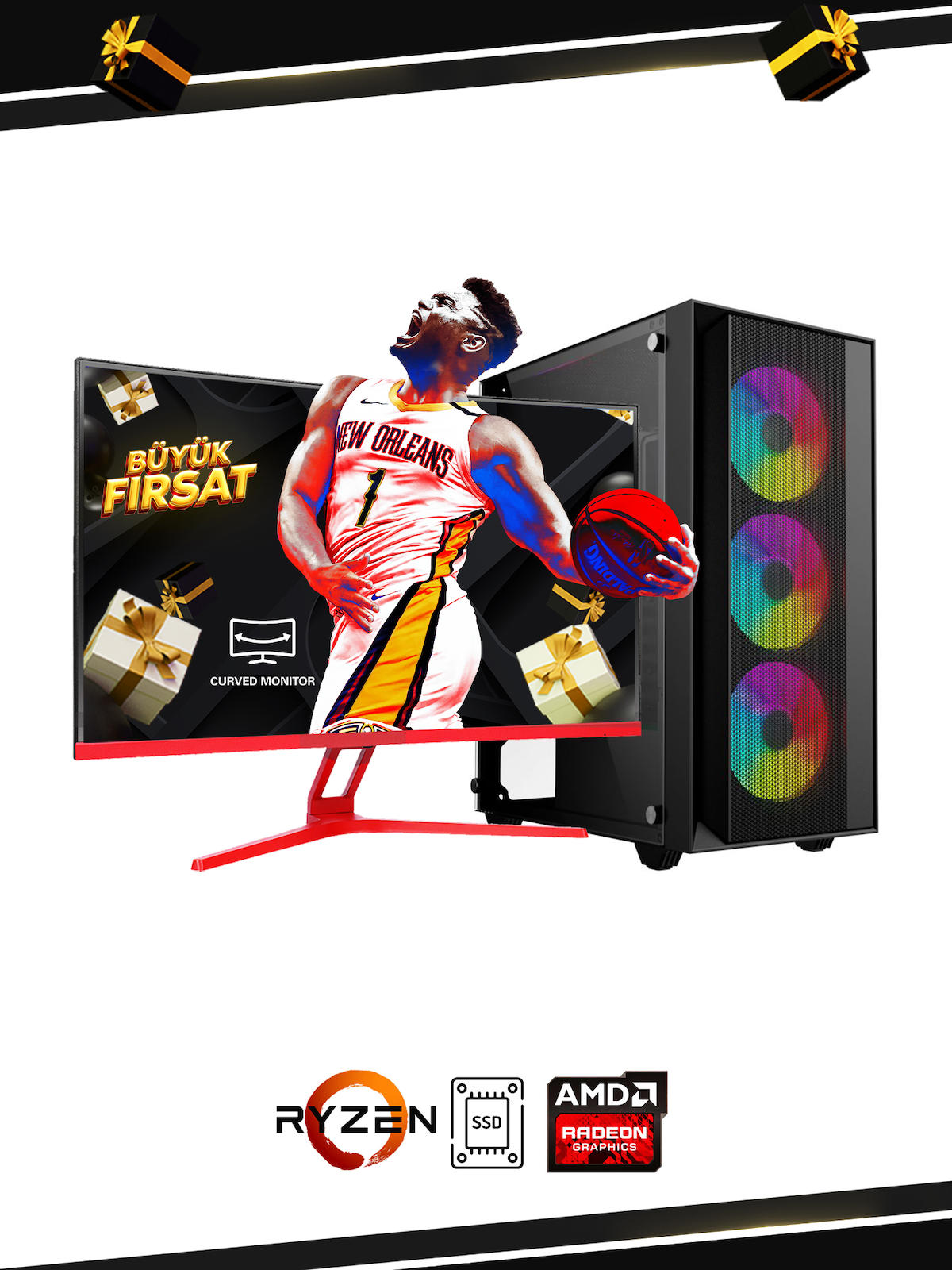 Ramtech AZTEC M75 Harici RX 6600 Ekran Kartlı AMD Ryzen 5500 16 GB DDR4 240 GB SSD 27 inç FULL HD FreeDos Masaüstü Oyuncu Bilgisayarı