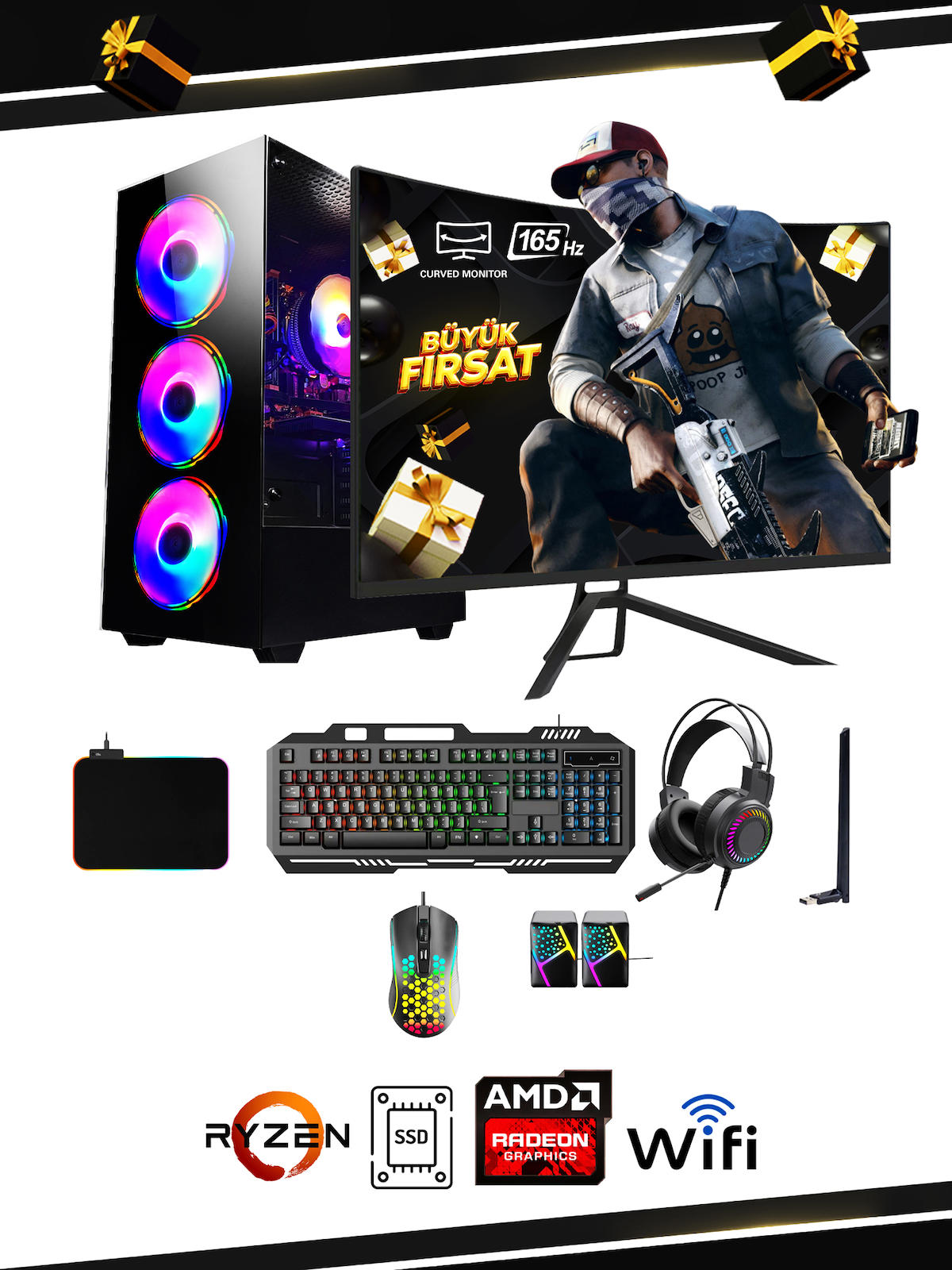 Ramtech AZTEC X50M Harici RX 6600 Ekran Kartlı AMD Ryzen 5500 16 GB DDR4 500 GB SSD 24 inç FULL HD FreeDos Masaüstü Oyuncu Bilgisayarı