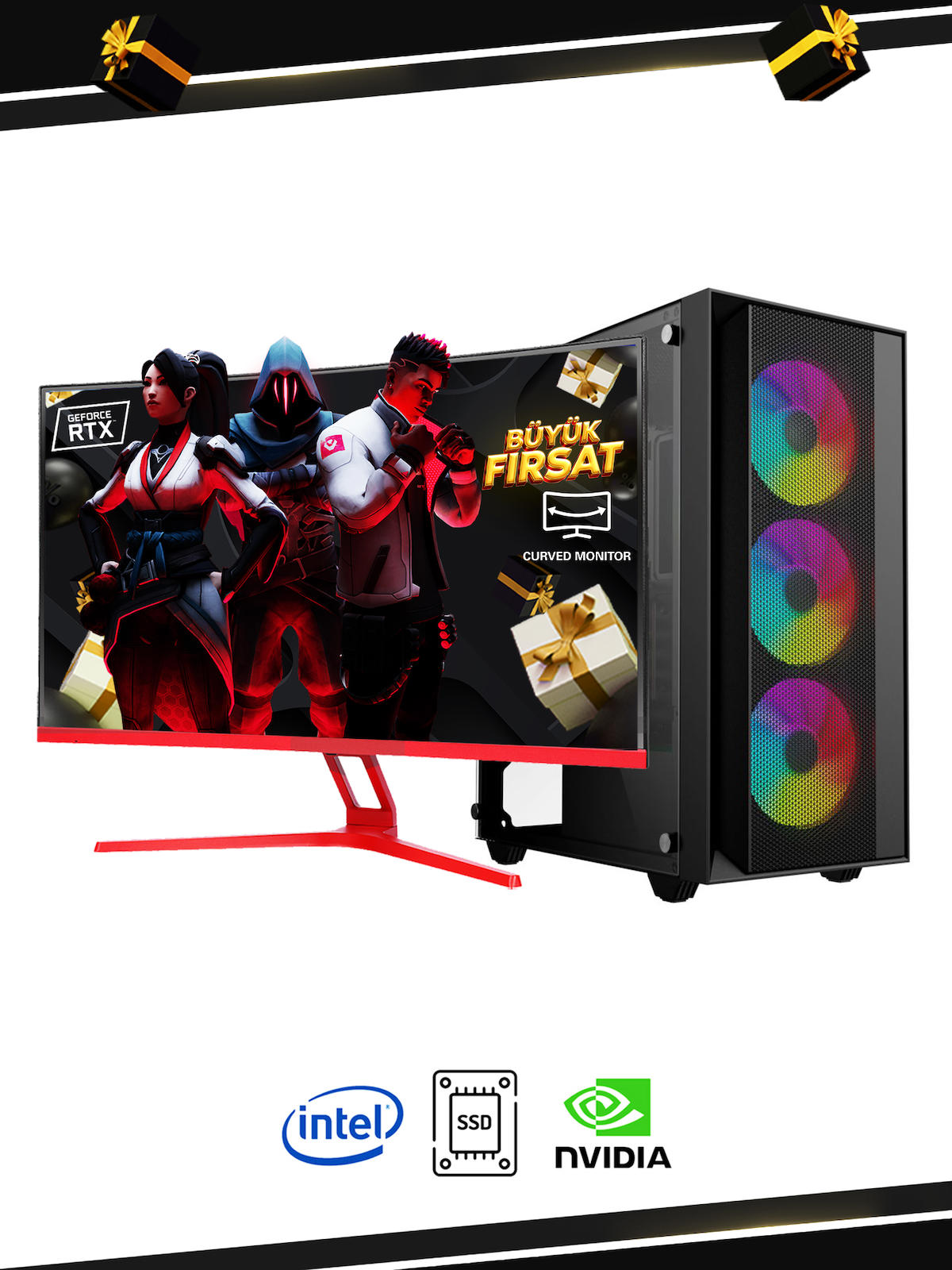 Ramtech FF528-M75 Harici GeForce RTX 3050 Ekran Kartlı Intel Core i3 10100F 16 GB DDR4 256 GB SSD 27 inç FULL HD FreeDos Masaüstü Oyuncu Bilgisayarı