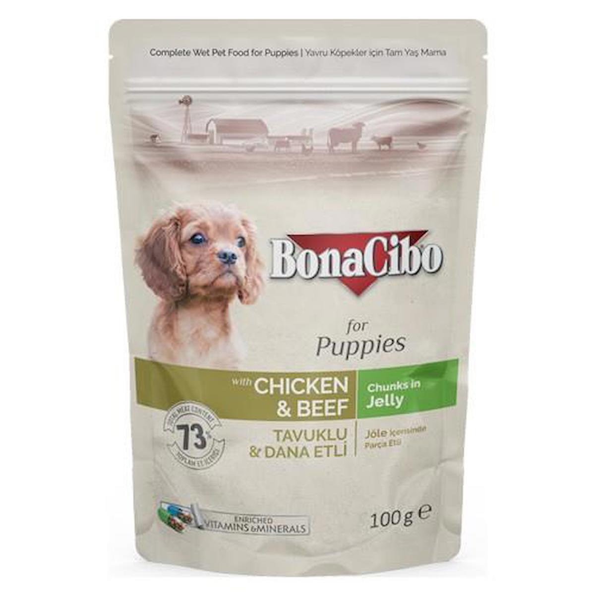 Bonacibo Chunks In Jelly Dana Etli ve Tavuklu Yavru Yaş Köpek Maması 100 gr Tekli