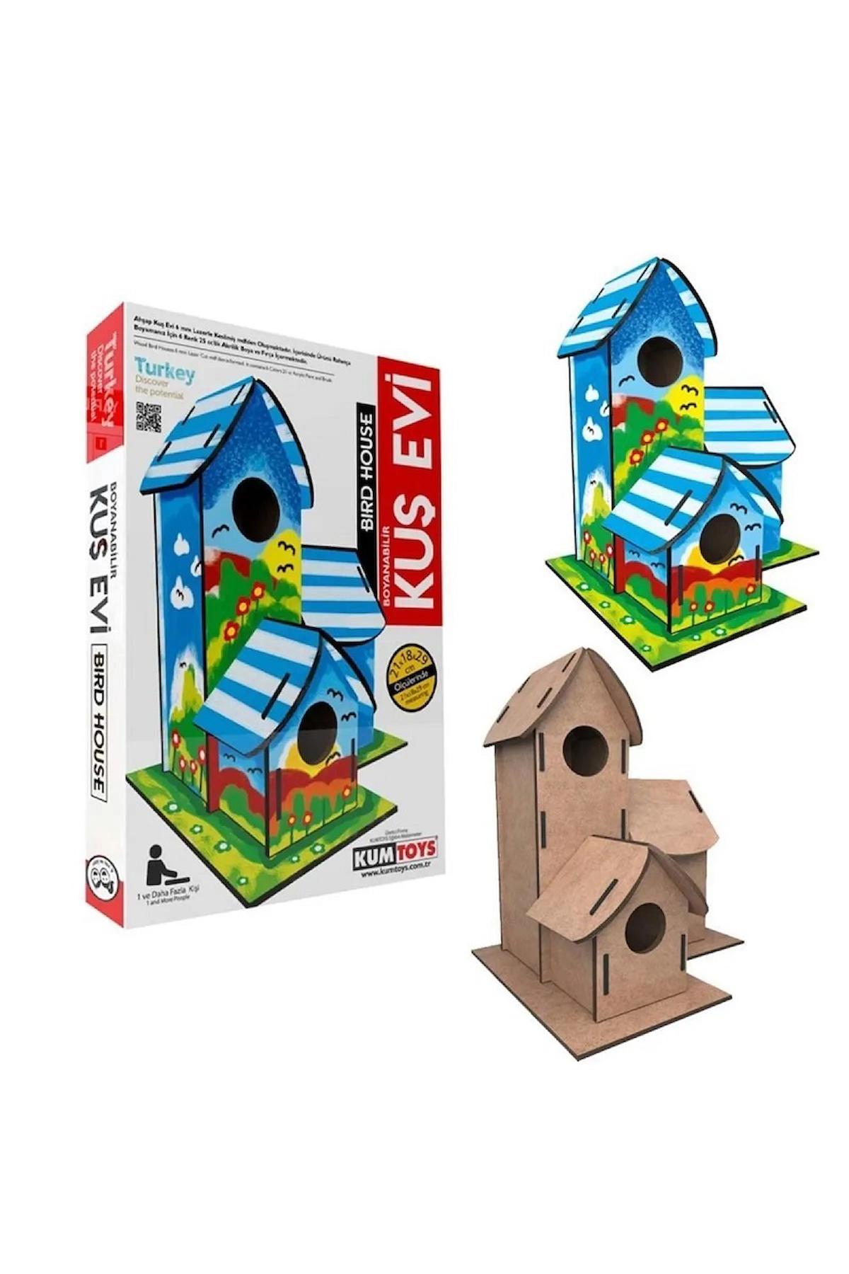 MAKET BOYANABİLİR KUŞ EVİ BOYAMA MAKETİ NATUREL AHŞAP BOYAMA BIRD HOUSE 6 RENK AKRİLİK BOYA FIRÇA