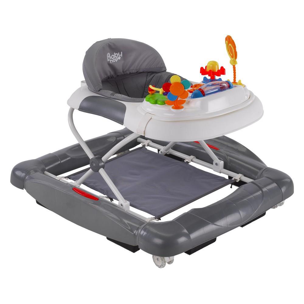 Baby Hope 212 Royal Çiçekli 6 Tekerlekli Oyuncaklı Sallanan Müzikli Örümcek Yürüteç Gri