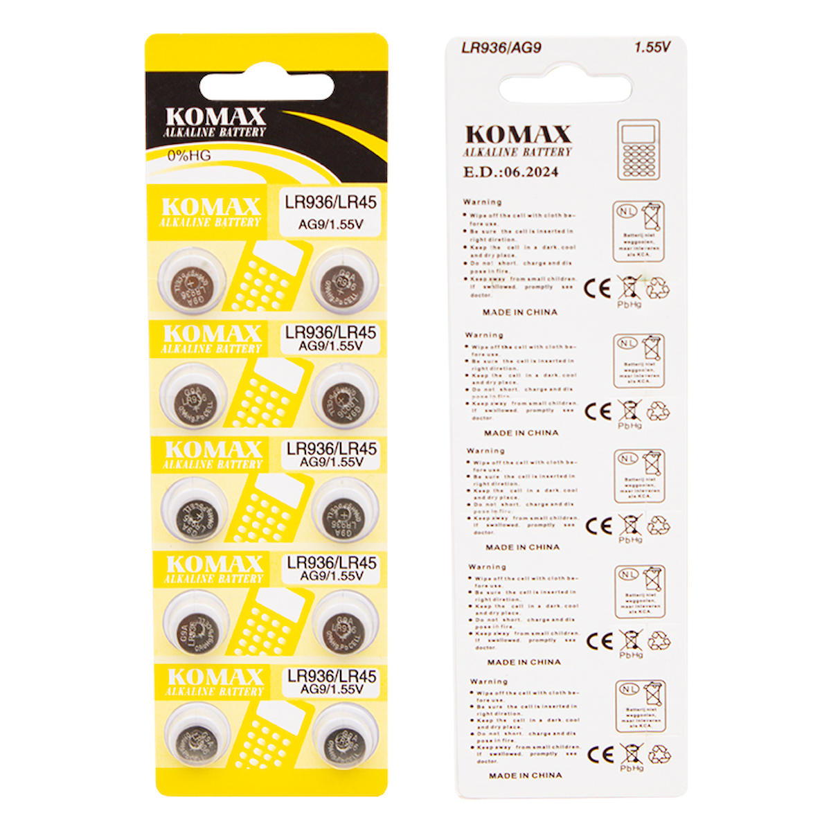 Komax LR936LR45 1.55 V Alkalin Düğme Pil 10'lu