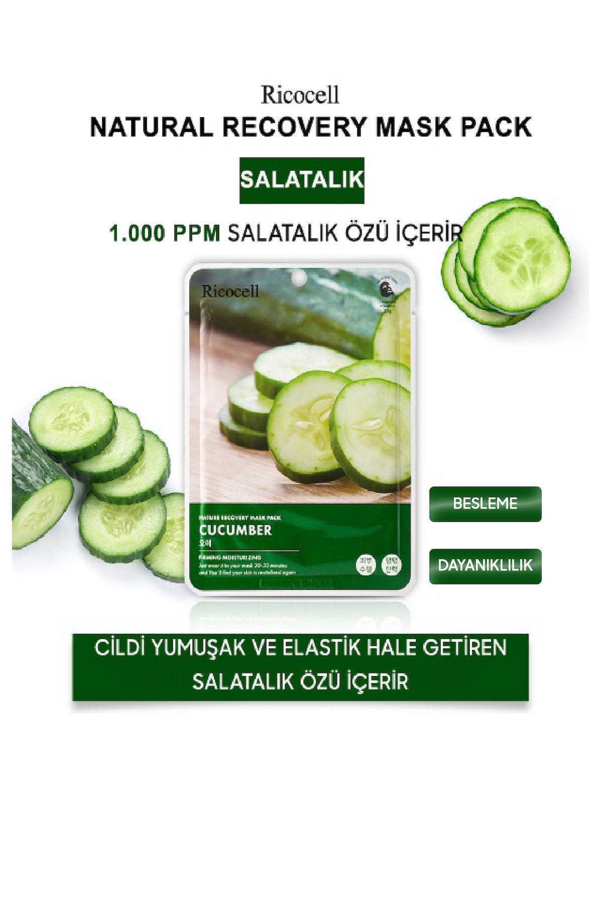Ricocell Nature Recovery Pack Salatalık Özlü Nemlendirici Kağıt Yüz Maskesi 23 ml