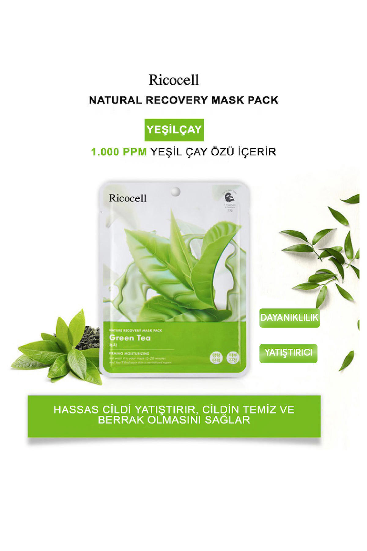 Ricocell Nature Recovery Pack Yeşil Çay Özlü Nemlendirici Kağıt Yüz Maskesi 23 ml
