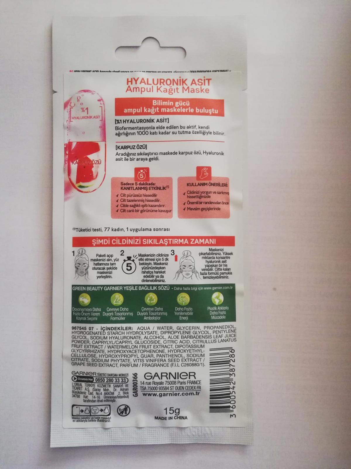 Garnier Hyaluronik Asit Killi Kağıt Yüz Maskesi 3x15 gr