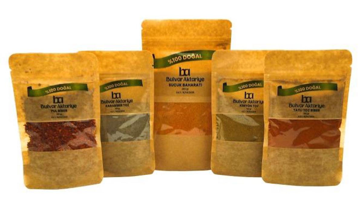 Bulvar Aktar Vegan Karabiber - Kimyon - Sucuk Baharatı - Pul Biber - Tatlı Toz Biber Baharat Seti Toz 5 x 100 gr