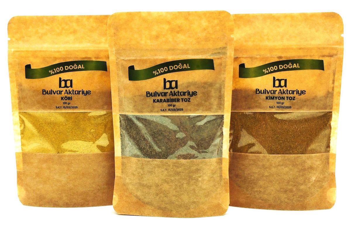 Bulvar Aktar Vegan Karabiber - Kimyon - Köri Baharat Seti Toz 3 x 100 gr