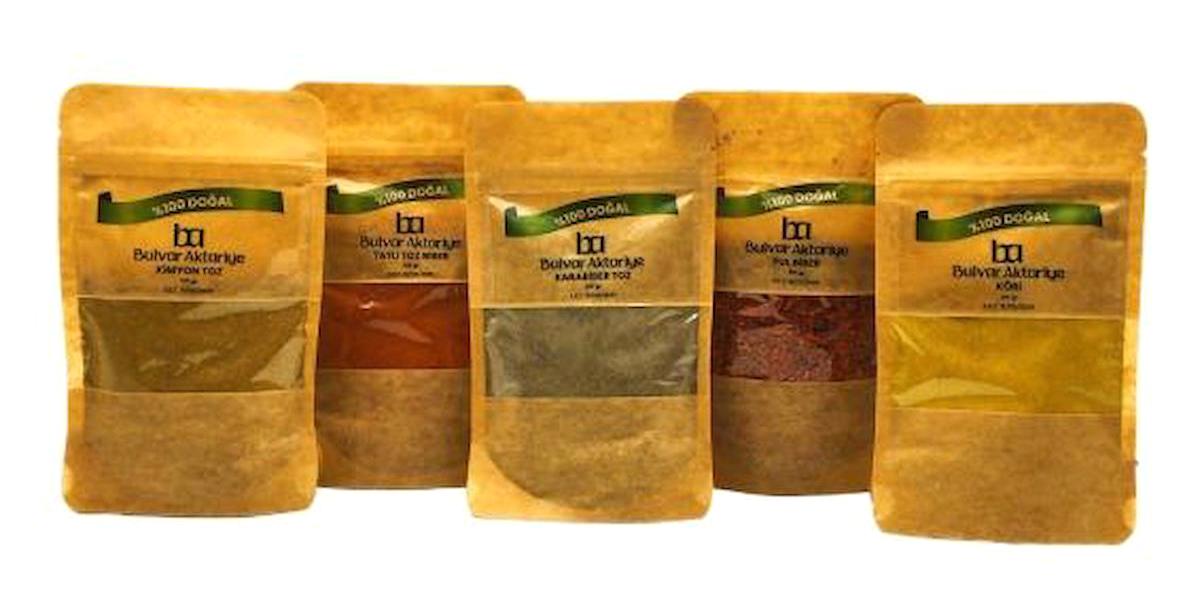 Bulvar Aktar Vegan Karabiber - Kimyon - Köri - Pul Biber - Tatlı Toz Biber Baharat Seti Toz 5 x 100 gr