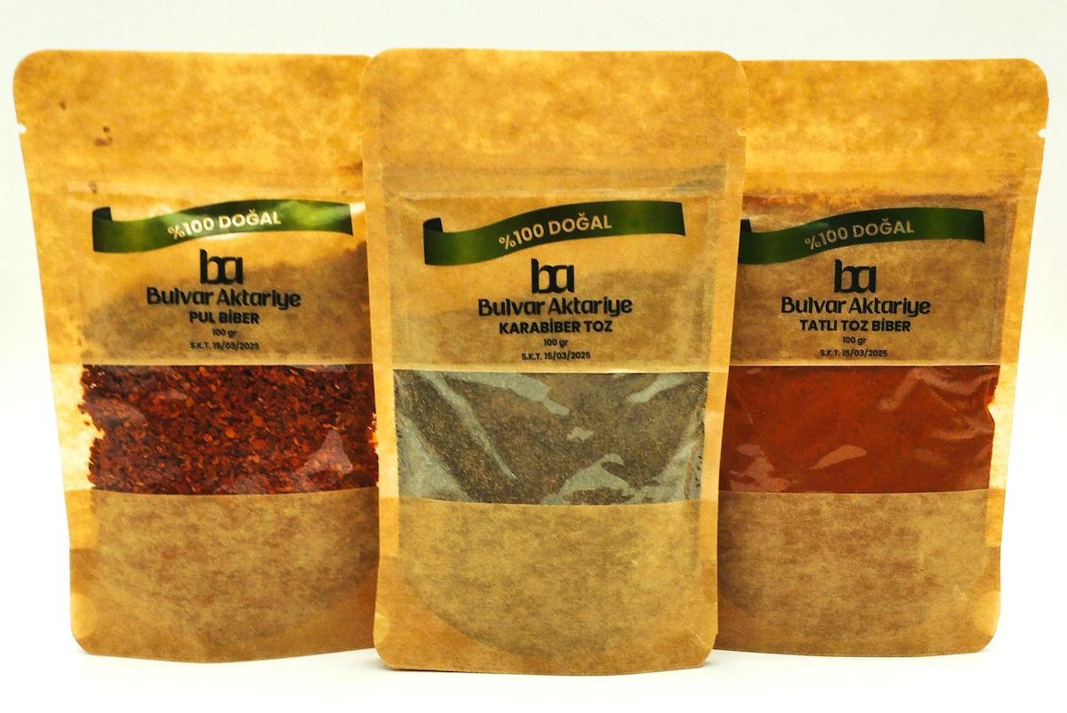 Bulvar Aktar Vegan Karabiber - Pul Biber - Tatlı Toz Biber Baharat Seti Toz 3 x 100 gr