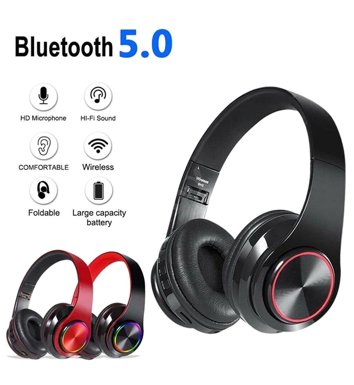 Blue İnter B39 5.0 Işıklı Kablosuz Kulak Üstü Bluetooth Kulaklık Siyah