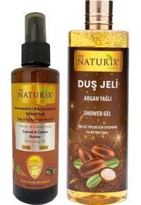 Naturix Havuç Yağı 15 Faktör Vücut İçin Bronzlaştırıcı Yağ 200 ml + Argan Yağlı Duş Jeli Paraben Fosfat Içermez 400 ml