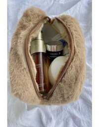 Bahels Kahverengi Düz Peluş Makyaj Çantası