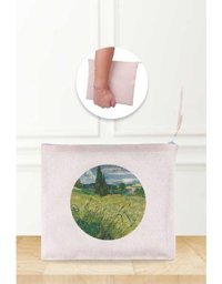 Gizeo Concept Çok Renkli Van Gogh Green Field Desenli Keten Makyaj Çantası
