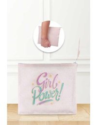Gizeo Concept Çok Renkli Girl Power Desenli Keten Makyaj Çantası