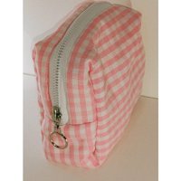 Maysmelo Beyaz Pembe Ekose Desenli Tekstil Makyaj Çantası