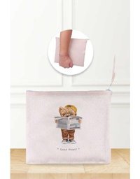 Gizeo Concept Çok Renkli Gazete Okuyan Teddy Desenli Keten Makyaj Çantası