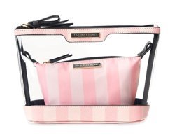 Victoria's Secret Beyaz Pembe Çizgi Desenli PVC Çok Gözlü Makyaj Çantası