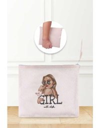 Gizeo Concept Çok Renkli I'm A Girl Desenli Keten Makyaj Çantası