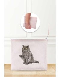 Gizeo Concept Çok Renkli British Cat Desenli Keten Makyaj Çantası