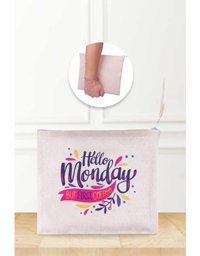 Gizeo Concept Çok Renkli Hello Monday But First Coffee Desenli Keten Makyaj Çantası