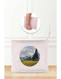 Gizeo Concept Çok Renkli Van Gogh Wheat Field Desenli Keten Makyaj Çantası