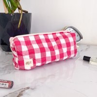 Homeyandlovey Beyaz Pembe Ekose Desenli Tekstil Makyaj Çantası