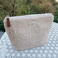 Siya Deri Krem Düz Peluş Makyaj Çantası
