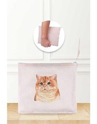 Gizeo Concept Çok Renkli Sarı Kedi Desenli Keten Makyaj Çantası