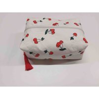 HY Desing Beyaz Kırmızı Kiraz Desenli Tekstil Makyaj Çantası